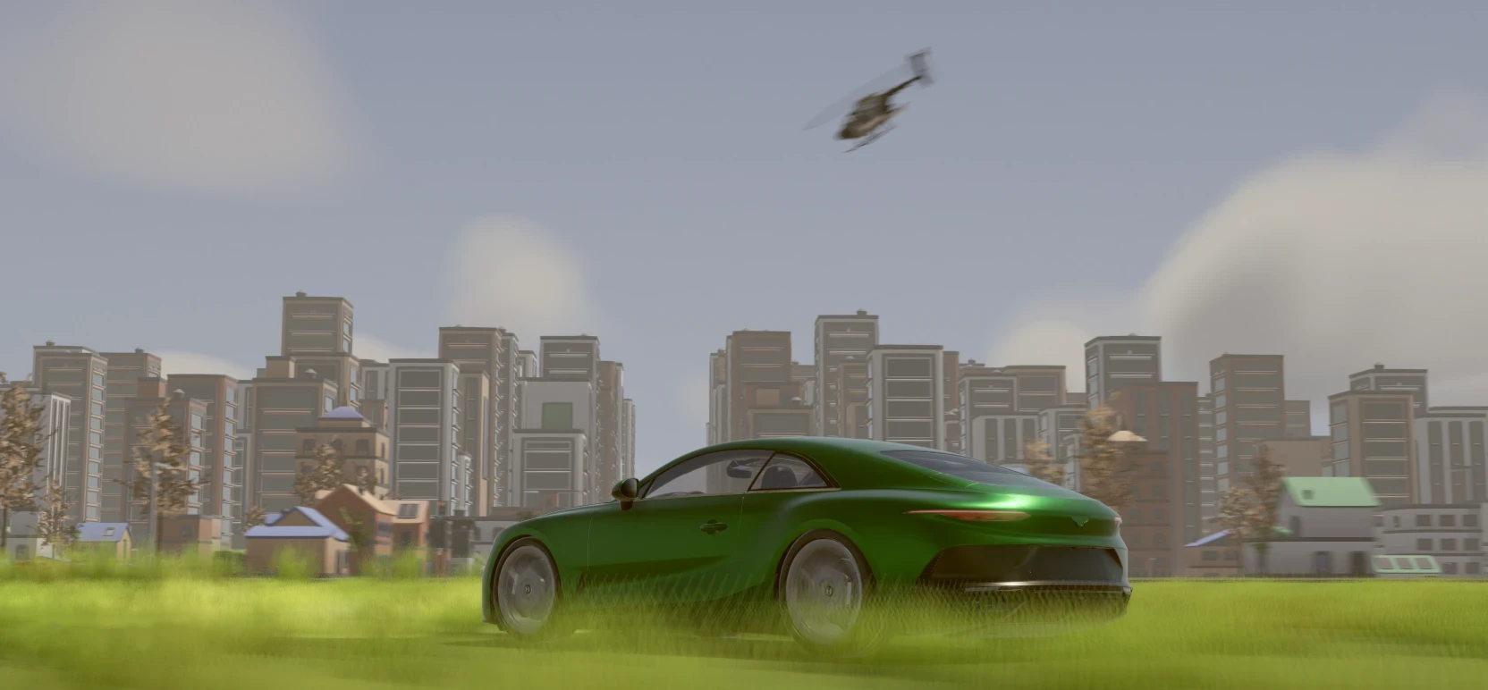 Cupê verde cortando pelo gramado com o helicóptero da polícia logo atrás e a cidade ao fundo